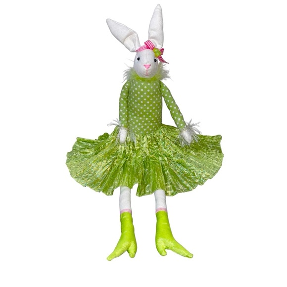 Green Polka Dot Bunny Doll Long Legs 23” Weighted Bottom Shelf Sitter Wired Ears - Picture 1 of 8